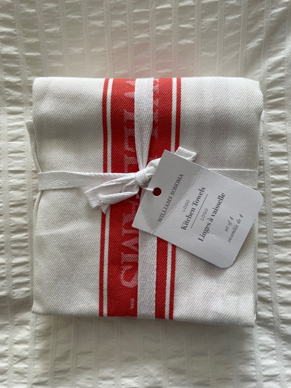 Williams Sonoma White and Red Striped Cotton Kitchen Towels - Set
